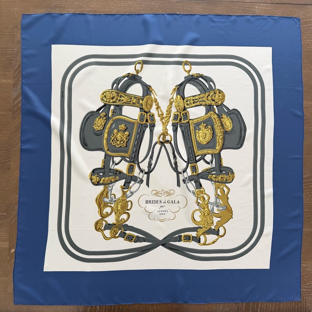 Hermès Brides de Gala Silk Scarf in Royal Blue White & Gold